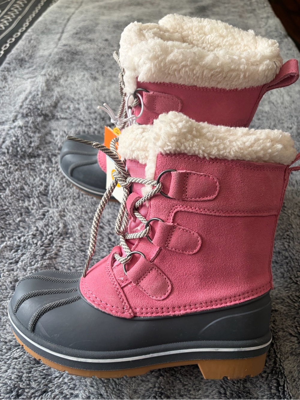 Cat & Jack Pink and Gray Kids Winter Duck Boots with Faux-Sherpa Cuff